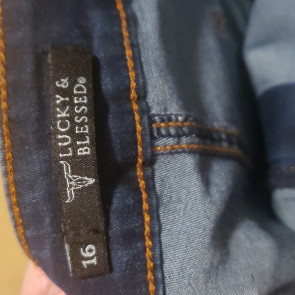 LUCKY AND BLESSED EXTREME FLARE HIGH RISE DARK WASH JEANS SZ 16 - Picture 5 of 13